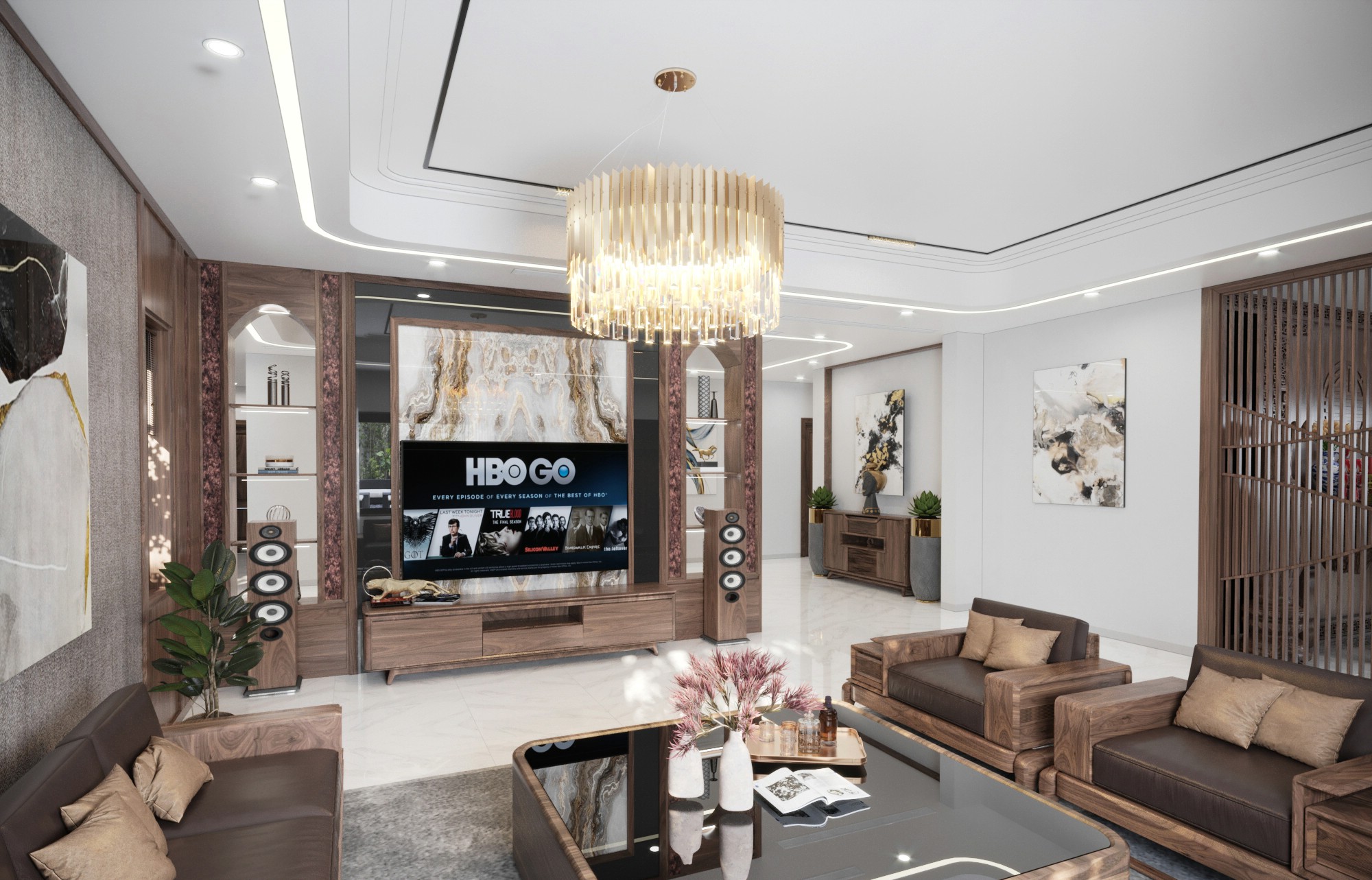 Vách ngăn kệ tivi gỗ tự nhiên với ốp PVC vân đá Onyx xuyên sáng sang trọng