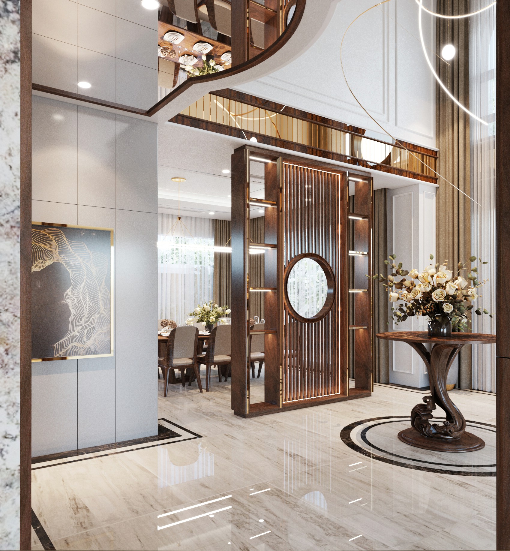 Vách ngăn phòng bằng gỗ MDF phủ vân gỗ với kính tròn và kệ mạ vàng