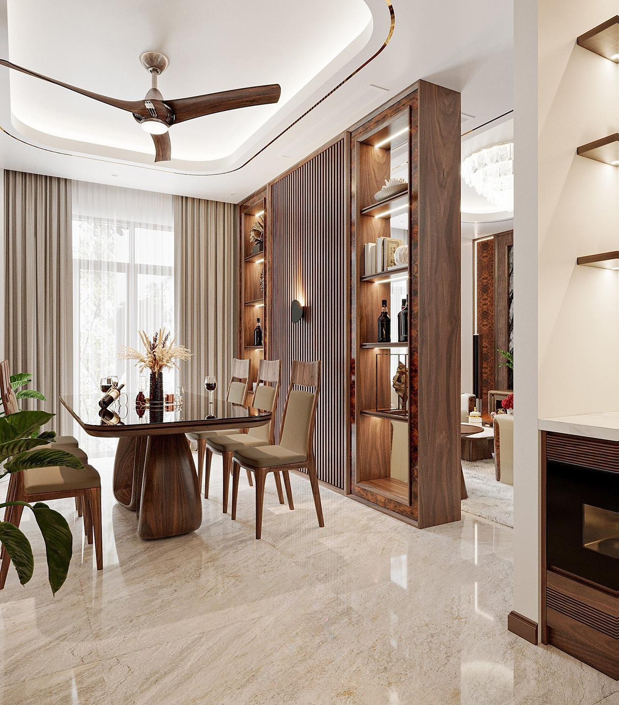 Vách ngăn phòng bếp gỗ tự nhiên lam sóng và kệ trang trí hiện đại