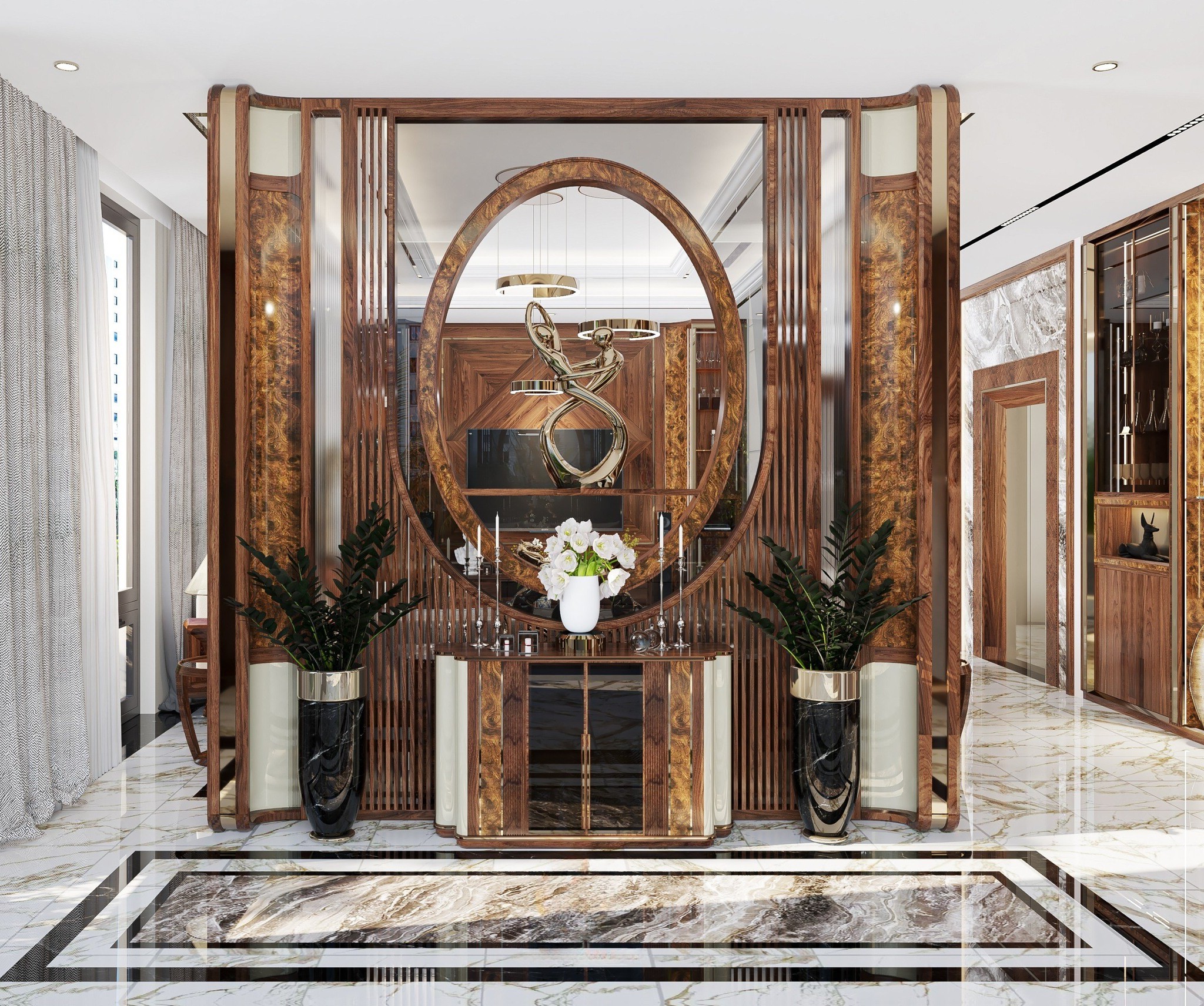 Vách ngăn phòng khách bếp gỗ tự nhiên với lam sóng vòm cung sang trọng