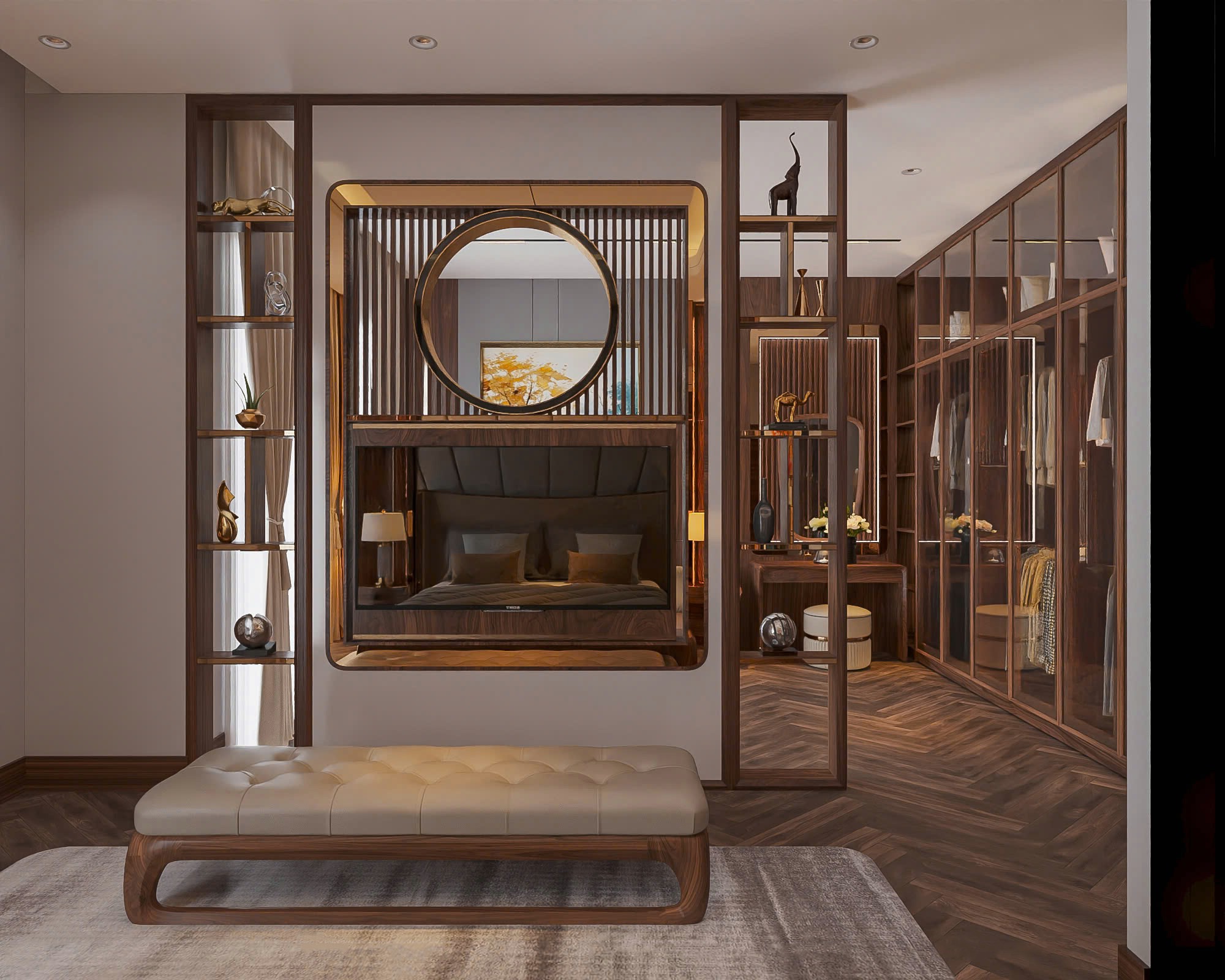 Vách ngăn tivi hiện đại đặt giữa phòng ngủ với kệ trang trí và khung kim loại mạ vàng